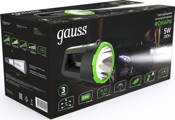 Фонарь GAUSS GFL701 прожекторный 5w 280lm li-ion 5000mah диммируемый l [GF701]