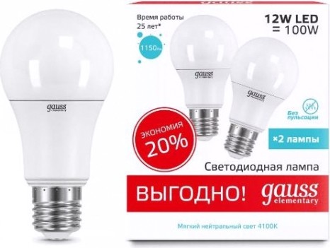 Лампа светодиодная GAUSS 23222P elementary a60 12w 4100k e27 (2 лампы в упаковке)