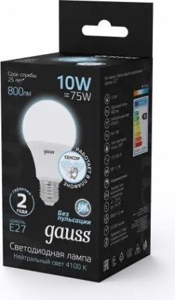 Лампа светодиодная GAUSS А60 10w 800lm 4100к e27 сенсор led [102502210-M]