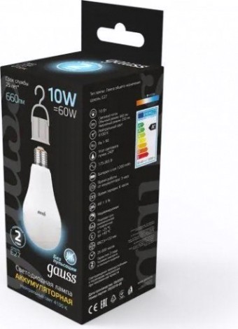 Лампа светодиодная GAUSS A60 a60 10w 660lm 4100k e27 с li-ion аккумулятором led [102402200]