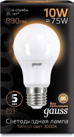 Лампа светодиодная GAUSS A60 a60 10w 880lm 3000k e27 шаг. диммирование led [102502110-S]