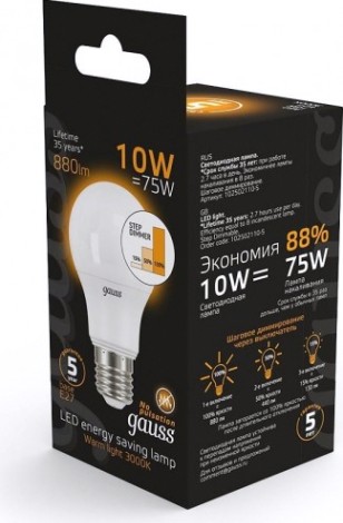 Лампа светодиодная GAUSS A60 a60 10w 880lm 3000k e27 шаг. диммирование led [102502110-S]
