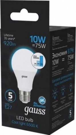 Лампа светодиодная GAUSS A60 a60 10w 920lm 6500k е27 шаг. диммирование led [102502310-S]