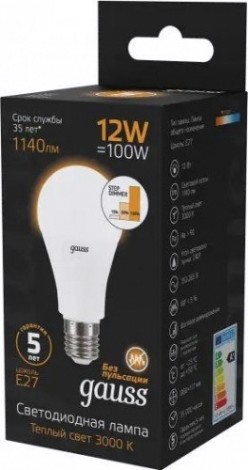 Лампа светодиодная GAUSS A60 a60 12w 1140lm 3000k е27 шаг. диммирование led [102502112-S]