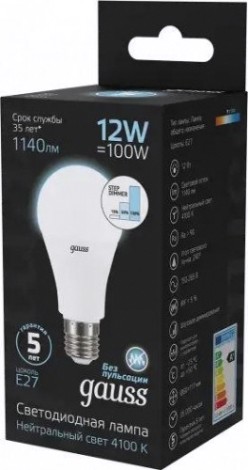 Лампа светодиодная GAUSS A60 a60 12w 1140lm 4100k е27 шаг. диммирование led [102502212-S]