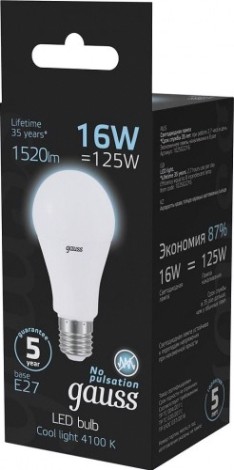 Лампа светодиодная GAUSS A60 a60 16w 1520lm 4100k e27 led [102502216]