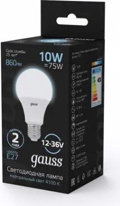Лампа светодиодная GAUSS A60 ac12-36v 10w 860lm 4100k e27 led [202502210]