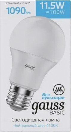 Лампа светодиодная GAUSS A60 basic 11,5w 1090lm 4100k e27 led [1023222]