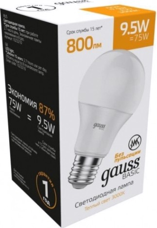 Лампа светодиодная GAUSS A60 basic 9,5w 800lm 3000k е27 led [1023210]