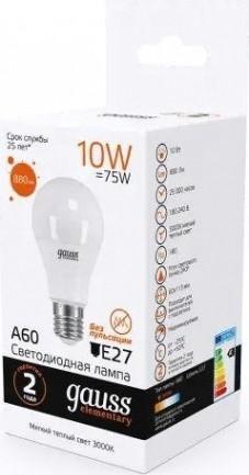 Лампа светодиодная GAUSS A60 elementary a60 10w 880lm 3000k е27 led [23210]