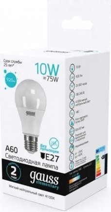 Лампа светодиодная GAUSS A60 elementary a60 10w 920lm 4100k е27 led [23220]