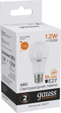 Лампа светодиодная GAUSS A60 elementary a60 12w 1130lm 3000k e27 led [23212]