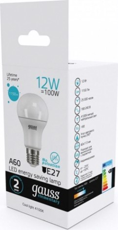 Лампа светодиодная GAUSS A60 elementary a60 12w 1150lm 4100k e27 led [23222]