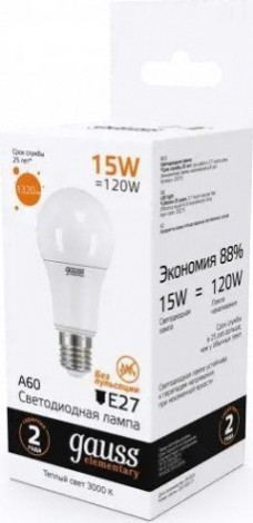 Лампа светодиодная GAUSS A60 elementary a60 15w 1320lm 3000k e27 led [23215]