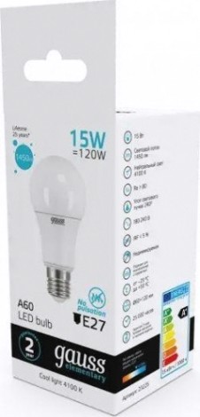 Лампа светодиодная GAUSS A60 elementary a60 15w 1450lm 4100k e27 led [23225]