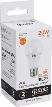 Лампа светодиодная GAUSS A60 elementary a60 20w 1520lm 3000k e27 led [23219]