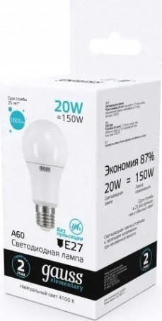 Лампа светодиодная GAUSS A60 elementary a60 20w 1600lm 4100k e27 led [23229]