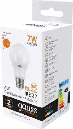 Лампа светодиодная GAUSS A60 elementary a60 7w 520lm 3000k e27 led [23217A]