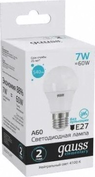 Лампа светодиодная GAUSS A60 elementary a60 7w 540lm 4100k e27 led [23227A]