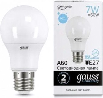 Лампа светодиодная GAUSS A60 elementary a60 7w 560lm 6500k e27 led [23237A]