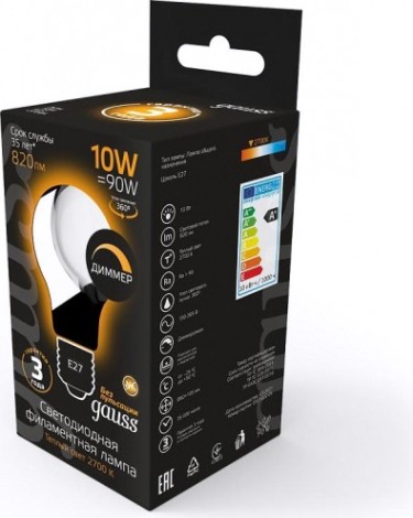 Лампа светодиодная GAUSS A60 filament а60 10w 820lm 2700к е27 milky диммируемая [102202110-D]