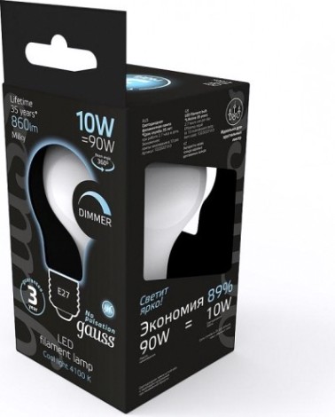 Лампа светодиодная GAUSS A60 filament а60 10w 860lm 4100к е27 milky диммируемая [102202210-D]