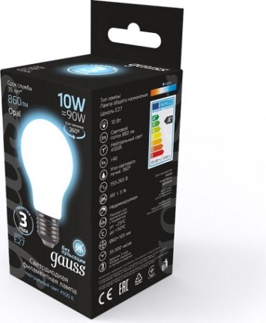 Лампа светодиодная GAUSS A60 filament а60 10w 860lm 4100к е27 milky led [102202210]
