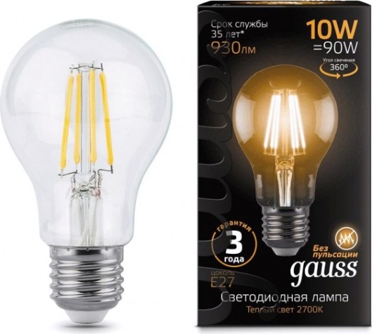 Лампа светодиодная GAUSS A60 filament а60 10w 930lm 2700к е27 led [102802110]