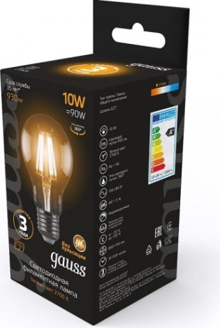 Лампа светодиодная GAUSS A60 filament а60 10w 930lm 2700к е27 led [102802110]