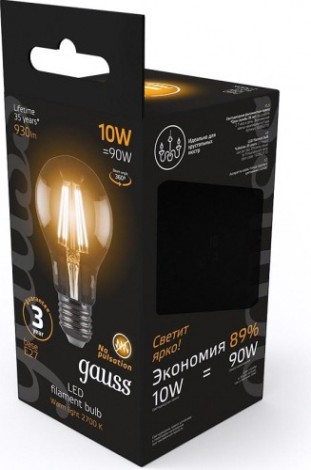 Лампа светодиодная GAUSS A60 filament а60 10w 930lm 2700к е27 led [102802110]