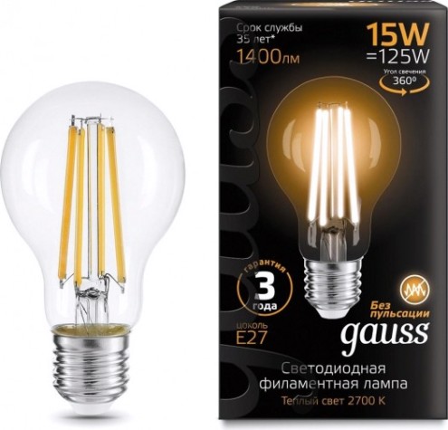 Лампа светодиодная GAUSS A60 filament а60 15w 1400lm 2700к е27 led [102902115]