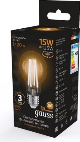 Лампа светодиодная GAUSS A60 filament а60 15w 1400lm 2700к е27 led [102902115]