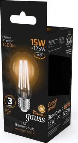 Лампа светодиодная GAUSS A60 filament а60 15w 1400lm 2700к е27 led [102902115]