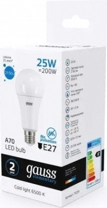 Лампа светодиодная GAUSS A67 elementary a67 25w 2150lm 6500k e27 led [73235]