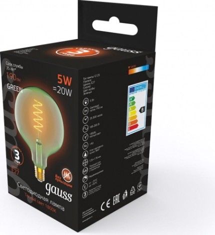 Лампа светодиодная GAUSS G125 filament 5w 190lm 1800к е27 green flexible led [1012802105]