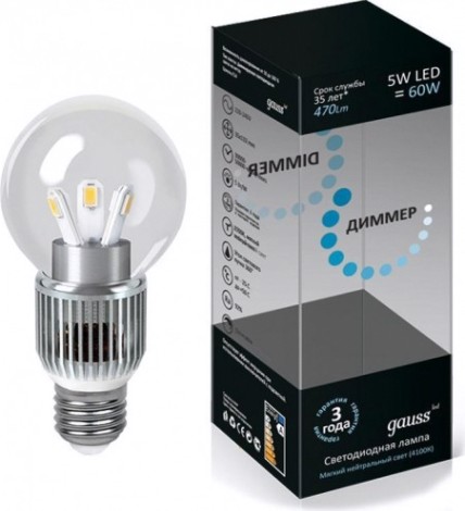 Лампа светодиодная GAUSS Globe-dim led crystal clear 5w e27 4100k диммируемая [HA105202205-D]