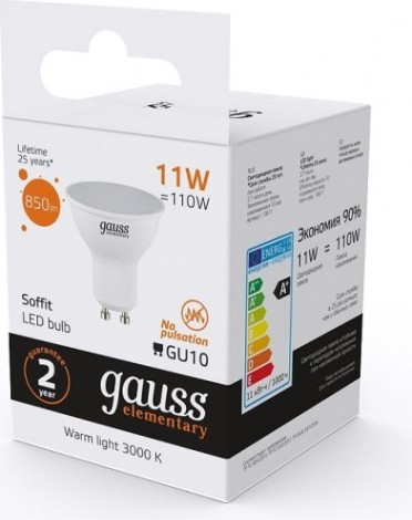Лампа светодиодная GAUSS MR16 elementary 11w 850lm 3000k gu10 led [13611]