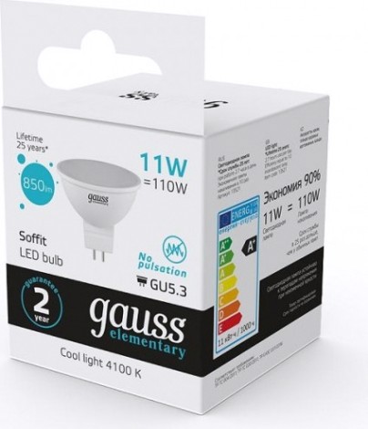 Лампа светодиодная GAUSS MR16 elementary 11w 850lm 4100k gu5.3 led [13521]