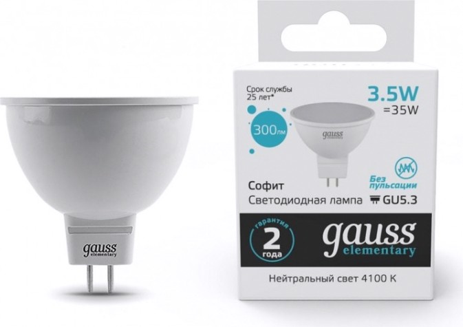 Лампа светодиодная GAUSS MR16 elementary 3.5w 300lm 4100k gu5.3 led [13524]