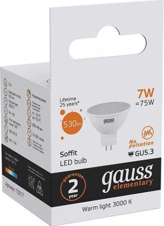 Лампа светодиодная GAUSS MR16 elementary 7w 530lm 3000k gu5.3 led [13517]