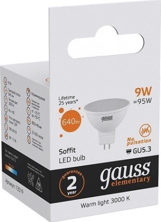 Лампа светодиодная GAUSS MR16 elementary 9w 640lm 3000k gu5.3 led [13519]