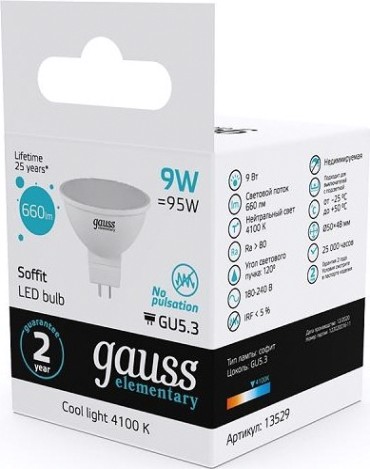 Лампа светодиодная GAUSS MR16 elementary 9w 660lm 4100k gu5.3 led [13529]