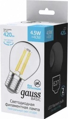 Лампа светодиодная GAUSS Шар basic filament 4,5w 420lm 4100к е27 led [1051215]