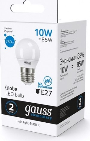 Лампа светодиодная GAUSS Шар elementary шар 10w 750lm 6500k е27 led [53230]