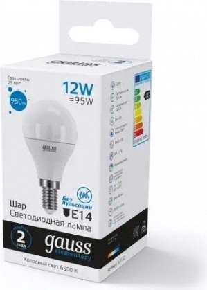 Лампа светодиодная GAUSS Шар elementary шар 12w 950lm 6500k е14 led [53132]