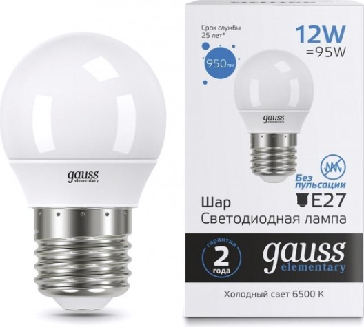 Лампа светодиодная GAUSS Шар elementary шар 12w 950lm 6500k е27 led [53232]