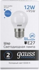 Лампа светодиодная GAUSS Шар elementary шар 12w 950lm 6500k е27 led [53232]