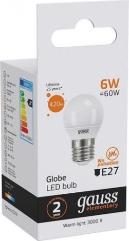 Лампа светодиодная GAUSS Шар elementary шар 6w 420lm 3000k е27 led [53216]