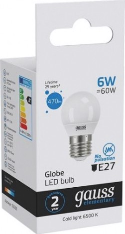 Лампа светодиодная GAUSS Шар elementary шар 6w 470lm 6500k е27 led [53236]