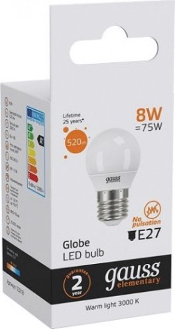 Лампа светодиодная GAUSS Шар elementary шар 8w 520lm 3000k е27 led [53218]